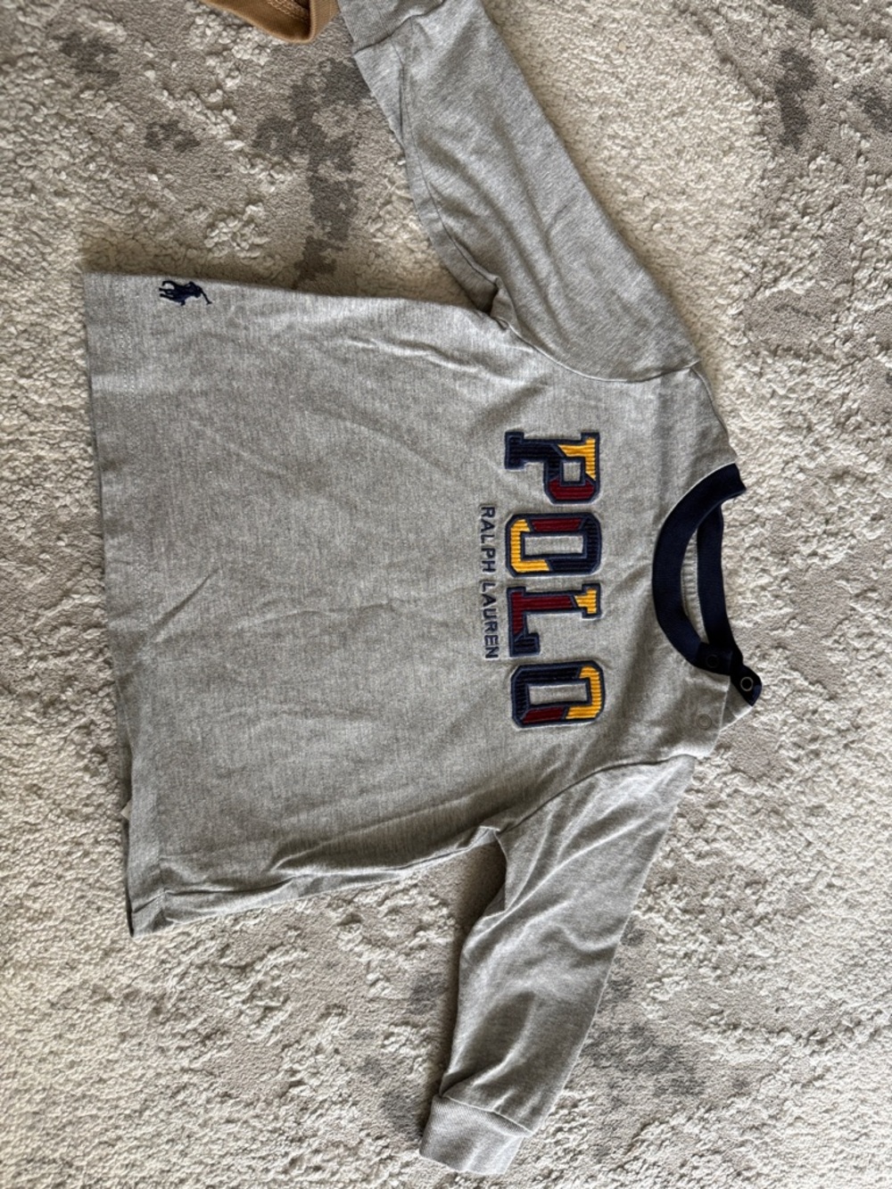 Ralph Lauren Grey Long-Sleeve Polo Lettering Tee with Navy Trim
